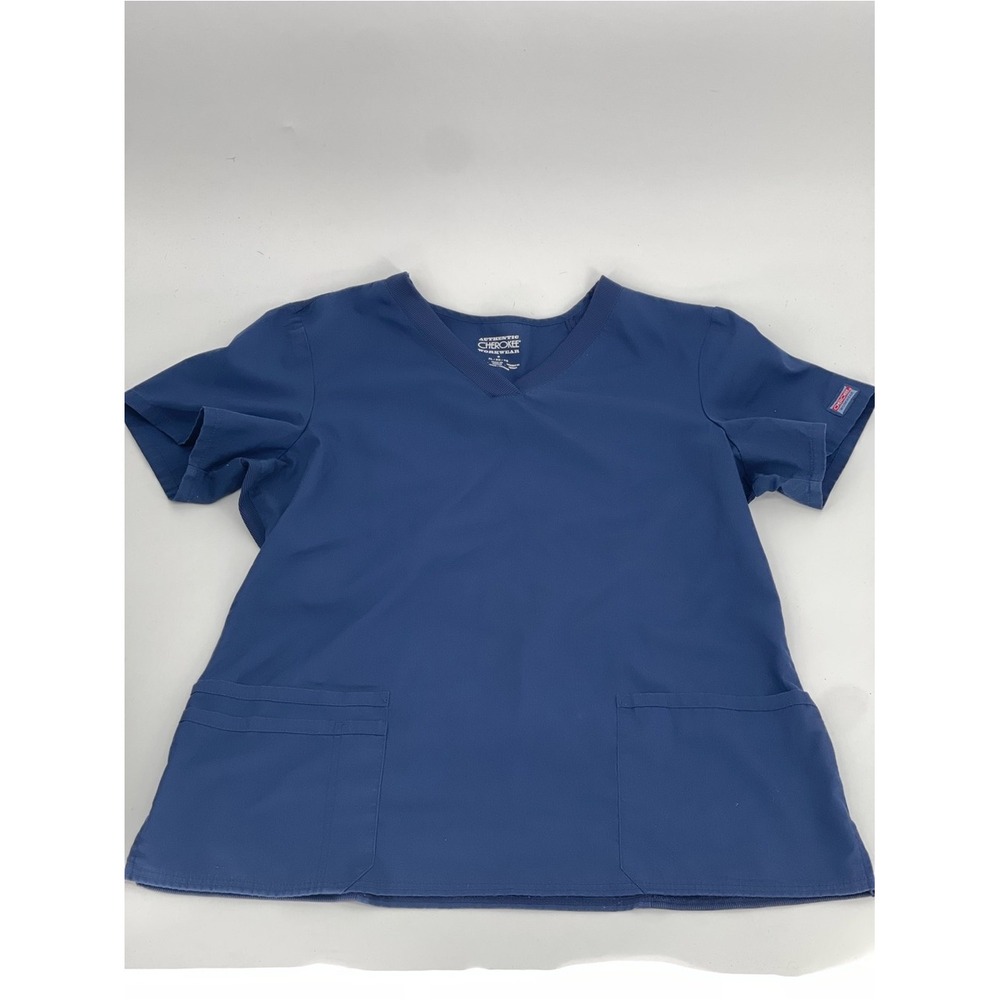 Cherokee Workwear Women XL Royal Blue V-Neck Scrub Top Short Sleeve Pockets